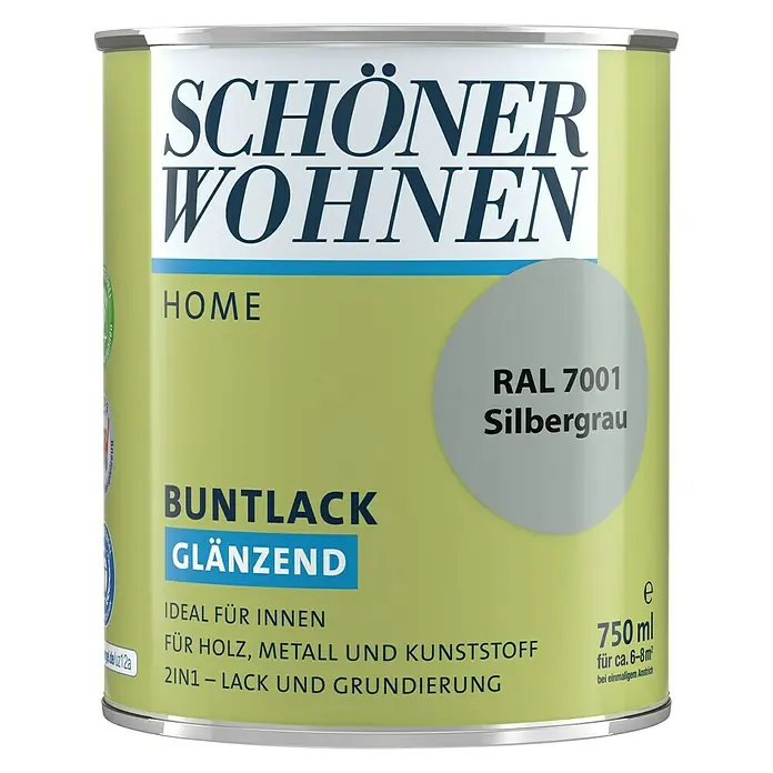 SCHÖNER WOHNEN-Farbe Home Buntlack - Silbergrau, 750 ml, Glänzend - Vorderansicht