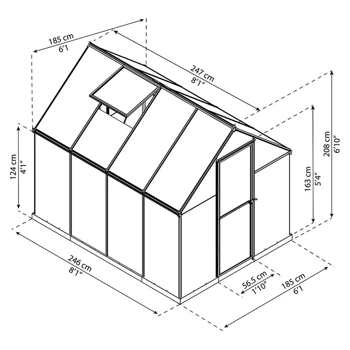 Palram – Canopia Gewächshaus Mythos 6x8 - 247 x 185 x 208 cm, Grün/Transparent - Skizze