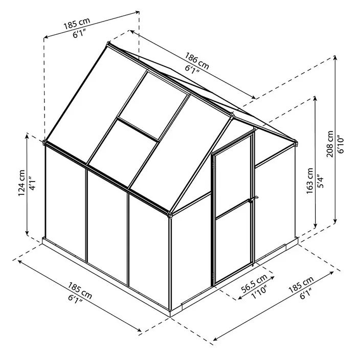 Palram – Canopia Gewächshaus Mythos 6x6 - 186 x 185 x 208 cm, Silber/Transparent - Skizze
