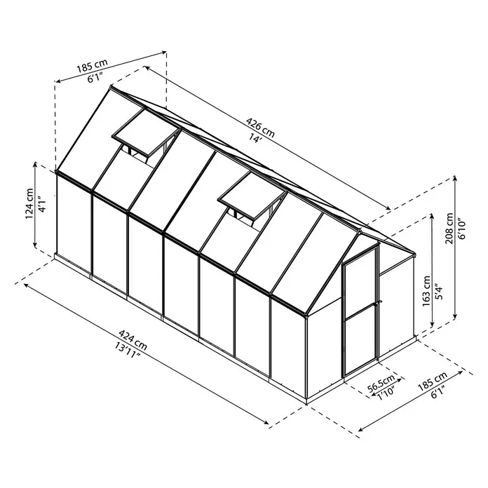 Palram – Canopia Gewächshaus Mythos - 208 x 185 x 426 cm, Polycarbonat, Silber - Skizze