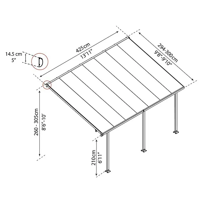 Nadstrešnica za terasu Tuscany LED - Dubina: 3 m, Š x V: 4,2 x 2,1 m, Antracit siva - Skica