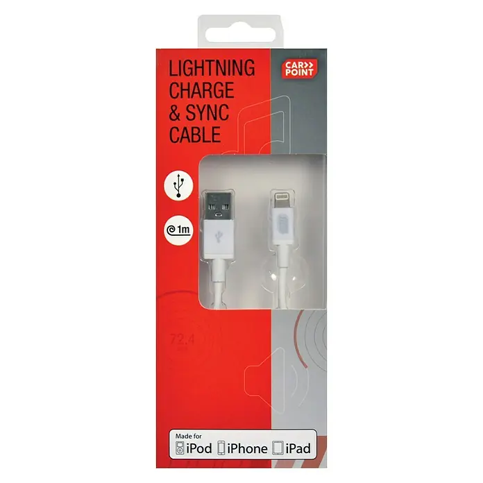 Carpoint Autolader Kabel USB>Mfi 8-Pins - 1 m, Wit - Vooraanzicht