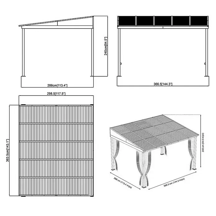 Sojag Terrassenüberdachung Portland 10x12 - L x B x H: 288 x 367 x 240 cm, Anthrazit - Skizze