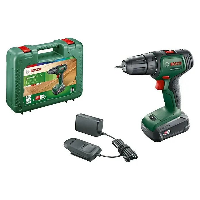 Bosch 18 V Power for All Akku-Schlagbohrschrauber UniversalDrill 18 - 18 V, 1 Akku, 1,5 Ah, Leerlaufdrehzahl: 0 U/min - 1.450 U/min - Diagonale Ansicht