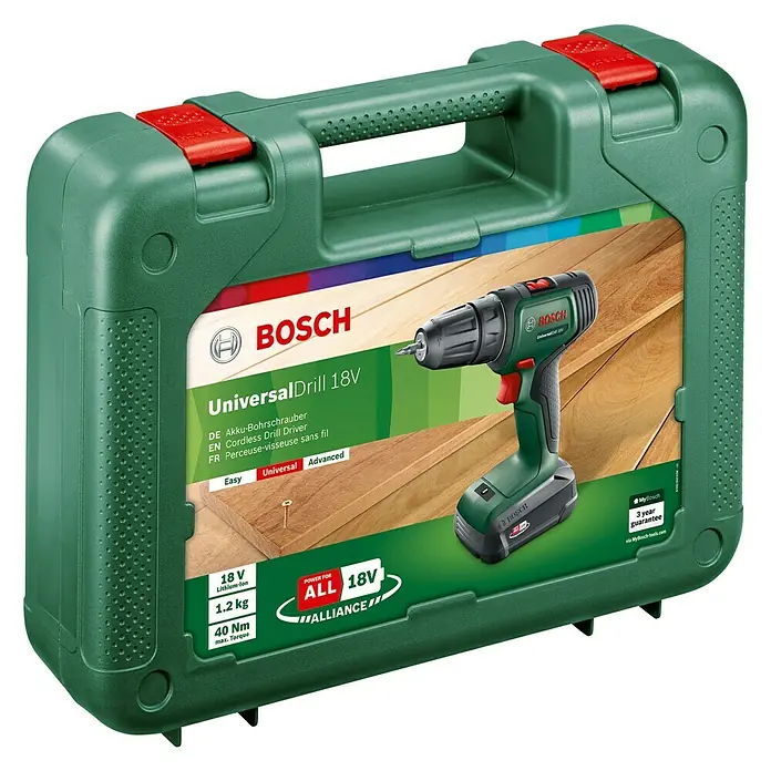 Bosch 18 V Power for All Akku-Schlagbohrschrauber UniversalDrill 18 - 18 V, 1 Akku, 1,5 Ah, Leerlaufdrehzahl: 0 U/min - 1.450 U/min - Diagonale Ansicht