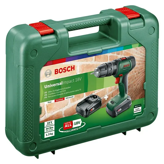 Bosch 18 V Power for All Akku-Schlagbohrschrauber UniversalImpact 18 - 18 V, 2 Akkus, 1,5 Ah, Leerlaufdrehzahl: 0 U/min - 1.450 U/min - Diagonale Ansicht