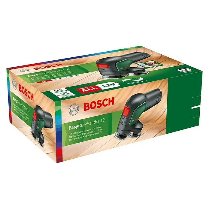 Bosch Akku-Tellerschleifer EasyCurvSander 12 - 12 V, 1 Akku, 2 Ah, Leerlaufschwingzahl: 800 U/min - 1.800 U/min - Diagonale Ansicht