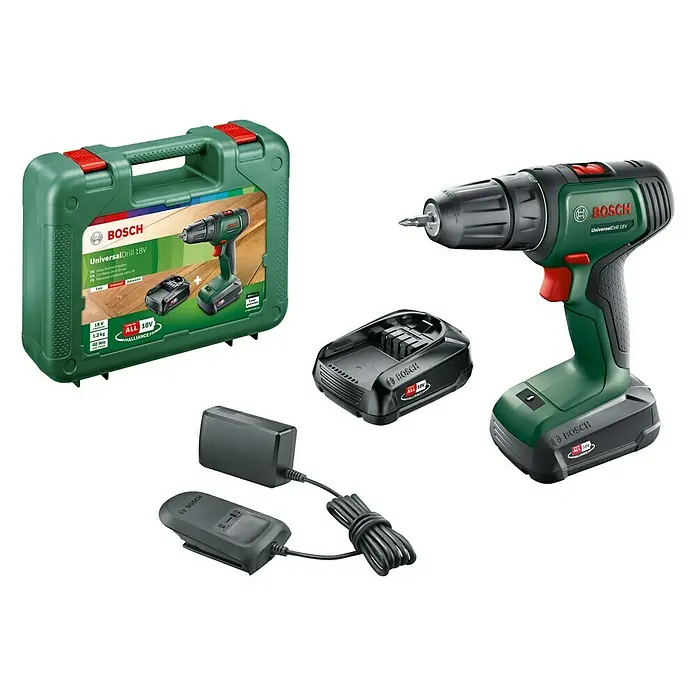Bosch 18 V Power for All Akumulatorska udarna bušilica/odvijač - 18 V, 1,5 Ah, Broj okretaja pri praznom hodu: 0 okr/min - 1.450 okr/min - Dijagonalni pogled
