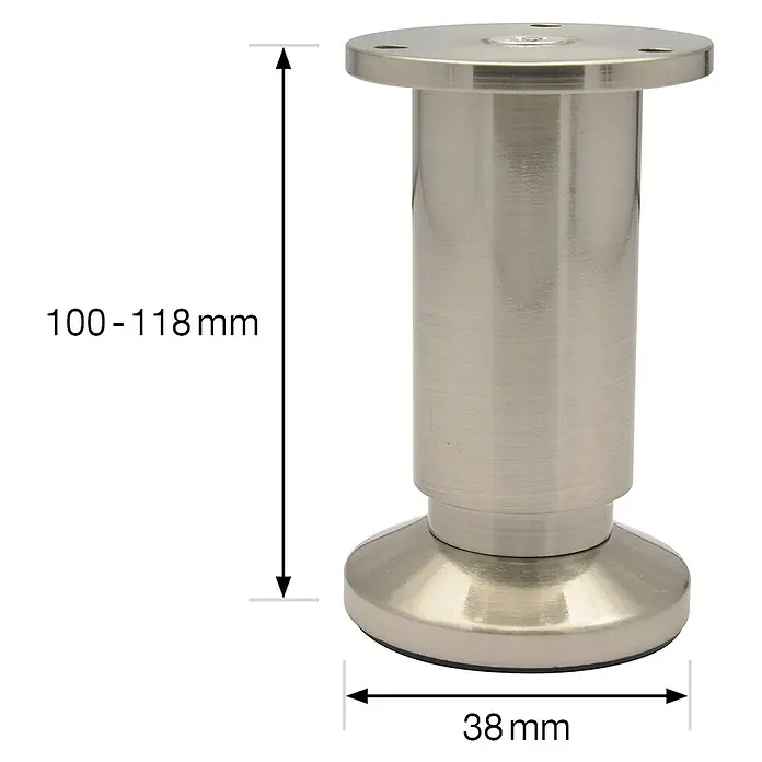 Wagner System Möbelfuß - Verstellbar: 100 -118 mm, Durchmesser: 38 mm, Stahl, Oberfläche: Gebürstet - Skizze