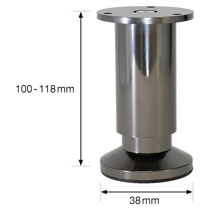Wagner System Möbelfuß - Verstellbar: 100 -118 mm, Durchmesser: 38 mm, Stahl, Oberfläche: Edelstahl - Skizze