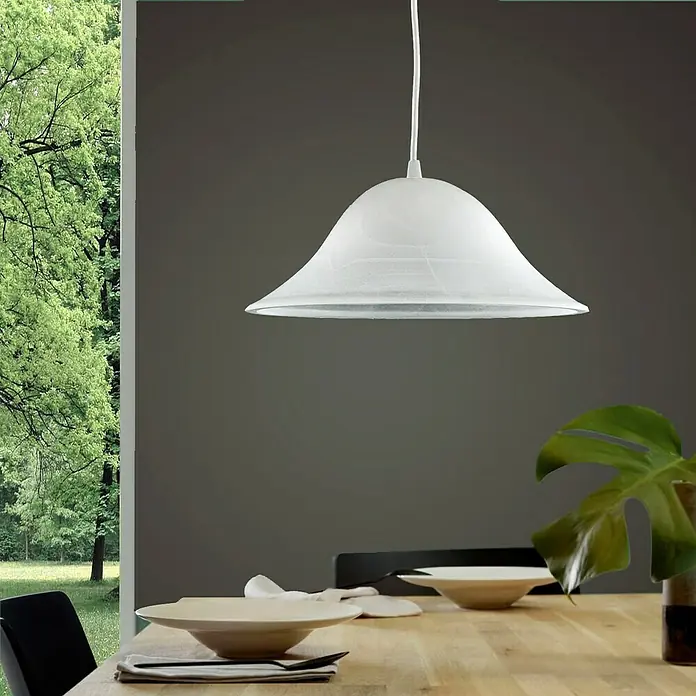 Lámpara colgante redonda Alabastro - 20 W, Ø x Al: 300 mm x 13 cm, Blanco, E27 - Foto ambiente