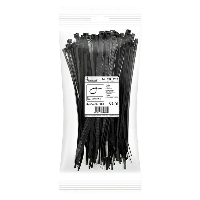 Elektro Material Vezice - Crne boje, 200 x 3,6 mm, 100 kom - Pogled sprijeda