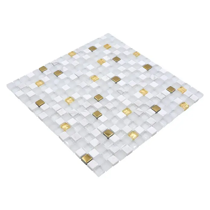 Mosaikfliese Crystal Mix XCM M640 - 30 x 30 cm, Weiß/Gold, Glänzend - Diagonale Ansicht