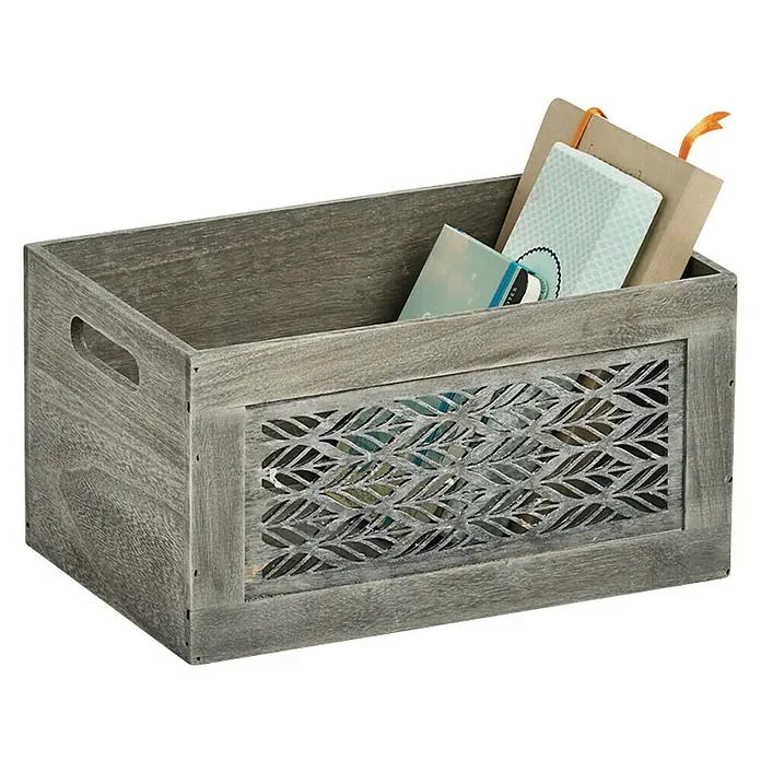 Zeller Present Aufbewahrungsbox Leaves S - L x B x H: 300 x 200 x 160 mm, Holz, Grau - Diagonale Ansicht