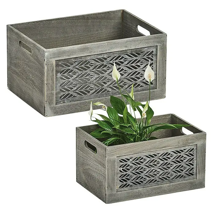 Zeller Present Aufbewahrungsbox Leaves L - L x B x H: 350 x 250 x 180 mm, Holz, Grau - Diagonale Ansicht