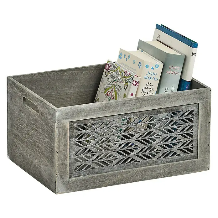 Zeller Present Aufbewahrungsbox Leaves L - L x B x H: 350 x 250 x 180 mm, Holz, Grau - Diagonale Ansicht