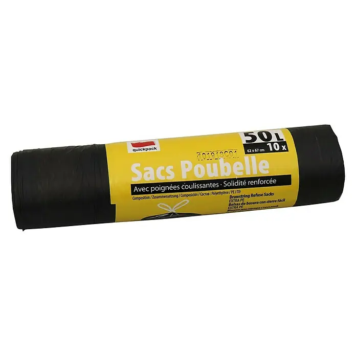 Quickpack Müllbeutel mit Zugband - 50 l l, 10 Stk., Schwarz - Diagonale Ansicht