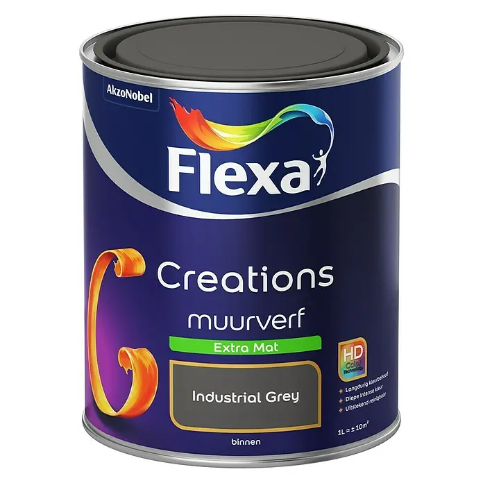 Flexa Creations Muurverf Extra Mat Industrial Grey - Industrial Grey, 1 l, Mat - Vooraanzicht