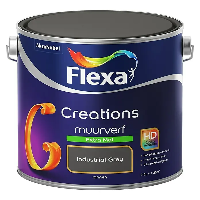 Flexa Creations Muurverf Extra Mat Industrial Grey - Industrial Grey, 2,5 l, Mat - Vooraanzicht