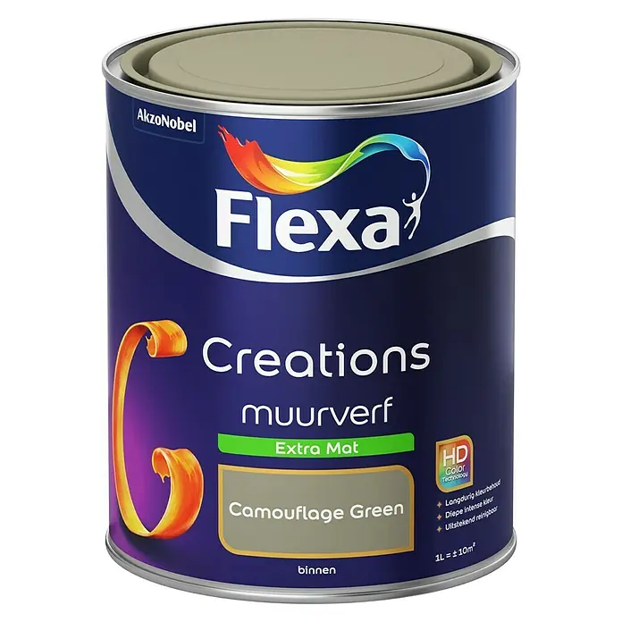 Flexa Creations Muurverf Extra Mat Camouflage Green - Camouflage Green, 1 l, Mat - Vooraanzicht