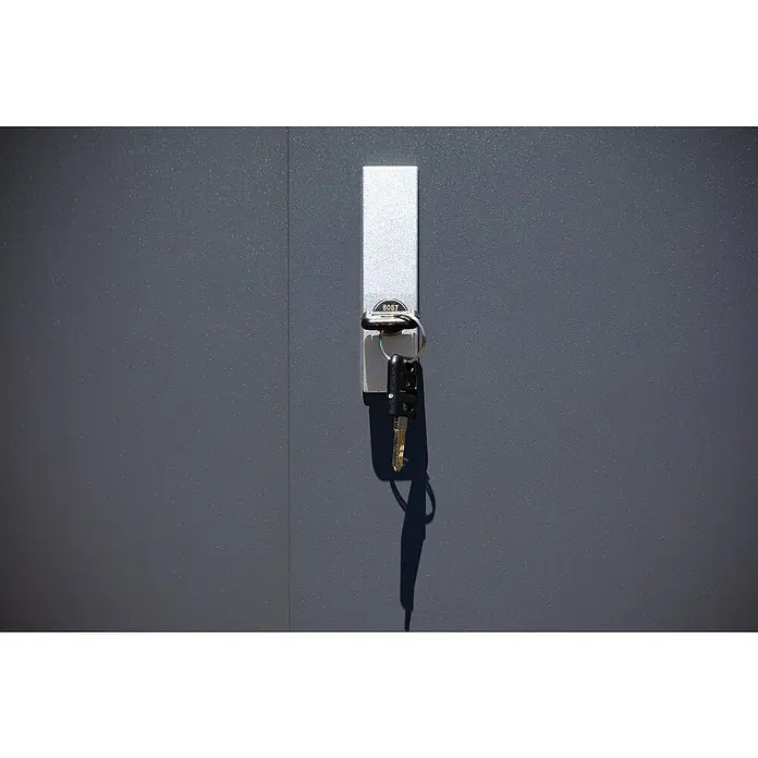 Trimetals Geräteschrank Guardian D43 - Außenbreite inkl. Dachüberstand: 136 cm, Außentiefe inkl. Dachüberstand: 98 cm, Stahl, Lichtgrau, Anthrazit - Detailaufnahme