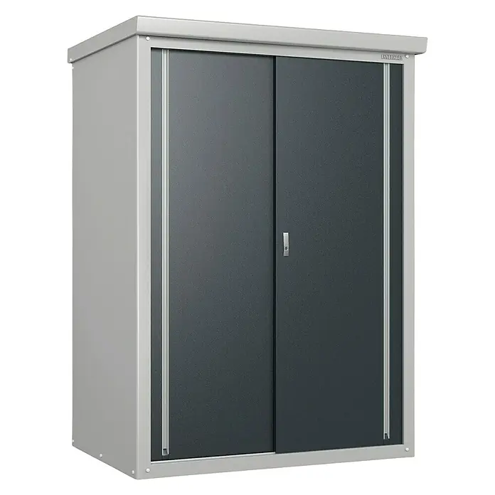 Trimetals Geräteschrank Guardian D43 - Außenbreite inkl. Dachüberstand: 136 cm, Außentiefe inkl. Dachüberstand: 98 cm, Stahl, Lichtgrau, Anthrazit - Diagonale Ansicht