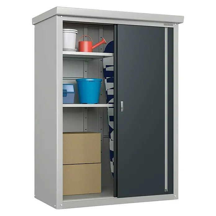 Trimetals Geräteschrank Guardian D43 - Außenbreite inkl. Dachüberstand: 136 cm, Außentiefe inkl. Dachüberstand: 98 cm, Stahl, Lichtgrau, Anthrazit - Diagonale Ansicht