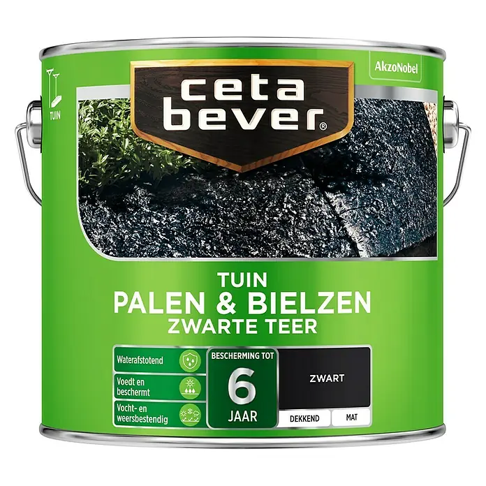 Cetabever Buitenbeits Palen & Bielzen - Zwarte teer, Inhoud: 2,5 l, Zijdeglans - Vooraanzicht