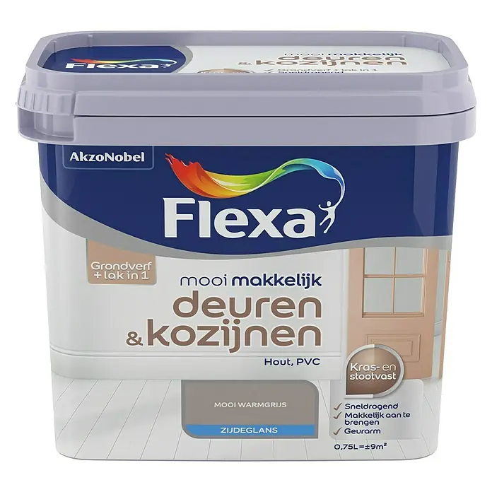 Flexa Mooi Makkelijk Kleurlak Deuren & Kozijnen Mooi Warmgrijs - Mooi warmgrijs, 750 ml, Zijdeglans - Vooraanzicht
