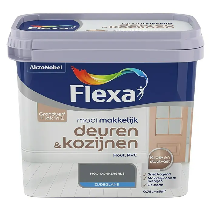 Flexa Mooi Makkelijk Kleurlak Deuren & Kozijnen Mooi Donkergrijs - Mooi donkergrijs, 750 ml, Zijdeglans - Vooraanzicht