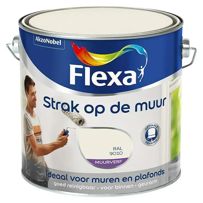 Flexa Strak op de Muur Muurverf Mat Gebroken Wit RAL 9010 - Wit, 2,5 l, Mat - Vooraanzicht