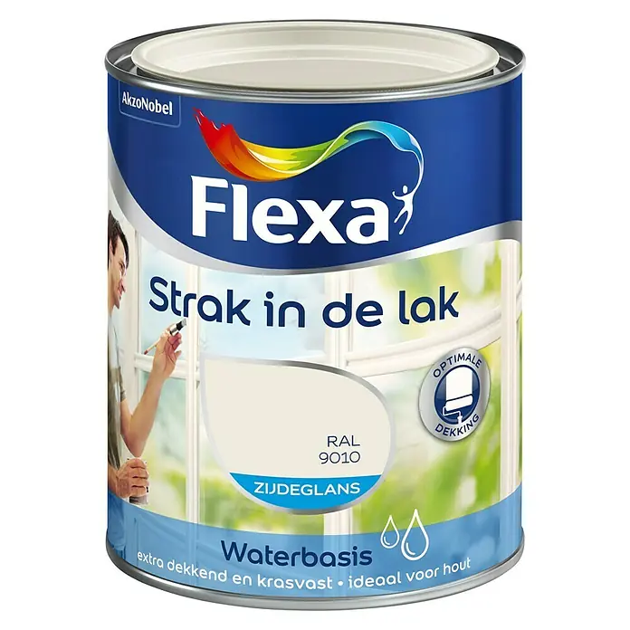 Flexa Strak in de Lak Witte lak Zijdeglans Gebroken Wit RAL 9010 - Wit, 750 ml, Zijdeglans - Vooraanzicht