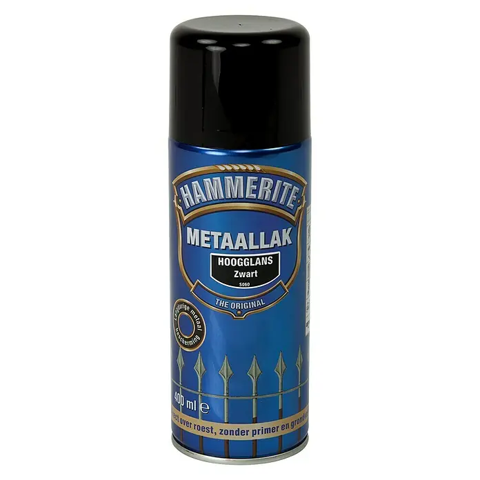Hammerite Metaallak Hoogglans Zwart S060 - Zwart, 400 ml, Hoogglans - Vooraanzicht