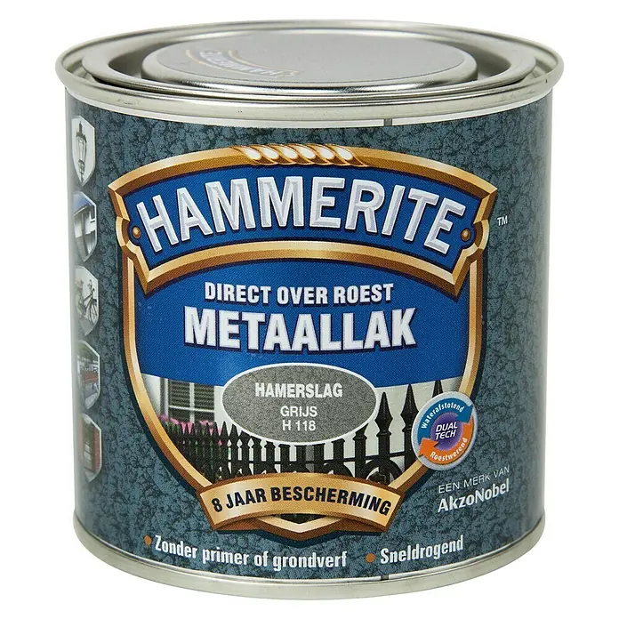 Hammerite Metaallak Hamerslag Grijs H118 - Grijs, 250 ml - Vooraanzicht