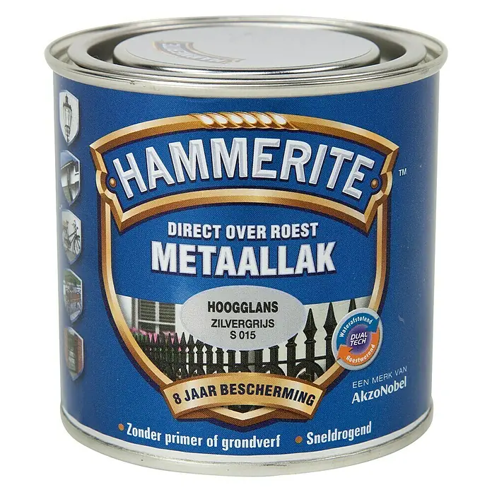 Hammerite Metaallak Hoogglans Zilvergrijs S015 - Zilvergrijs, 250 ml, Hoogglans - Vooraanzicht