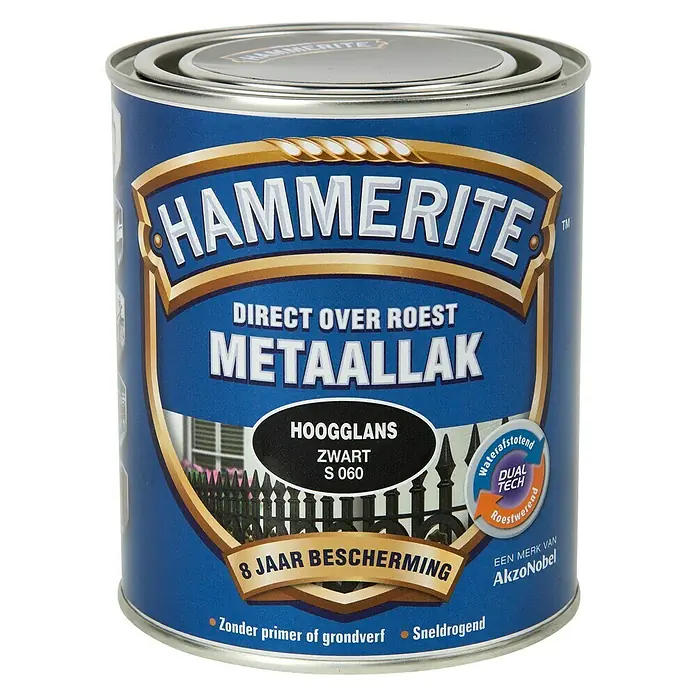 Hammerite Metaallak Hoogglans Zwart S060 - Zwart, 750 ml, Hoogglans - Vooraanzicht