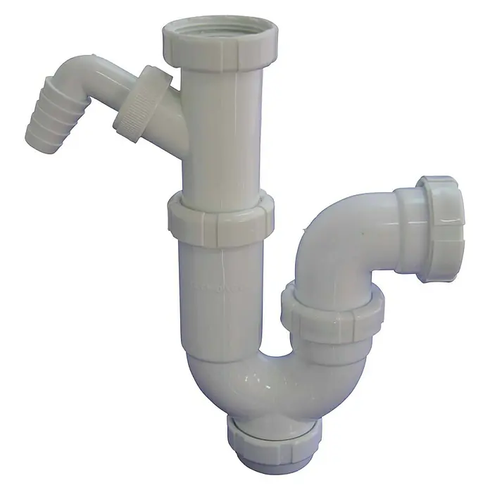 Tecnoagua Sifón curvo extensible con toma de lavadora - 1½", Blanco - Vista de perfil derecho