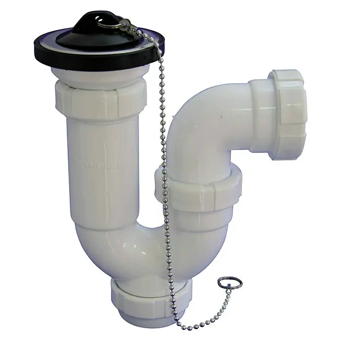 Tecnoagua Sifón curvo con válvula - 1½", Blanco - Vista de perfil derecho