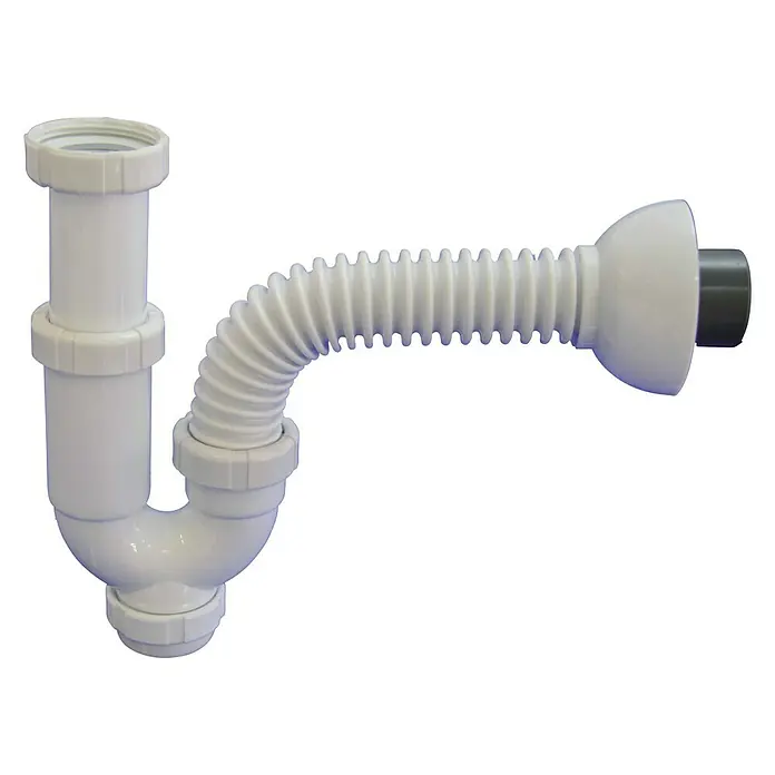 Tecnoagua Sifón curvo con salida flexible y encolable a PVC - 1½", Blanco - Vista de perfil derecho