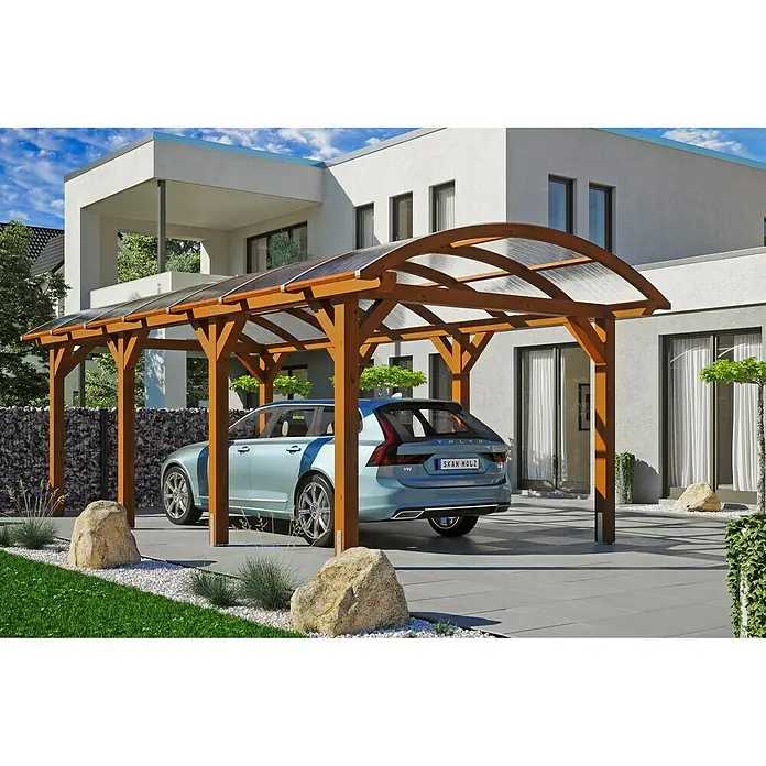 Skan Holz Carport Franken - B x T: 376 x 541 cm, Einfahrtshöhe: 220 cm, Natur - Anwendungsbeispiel