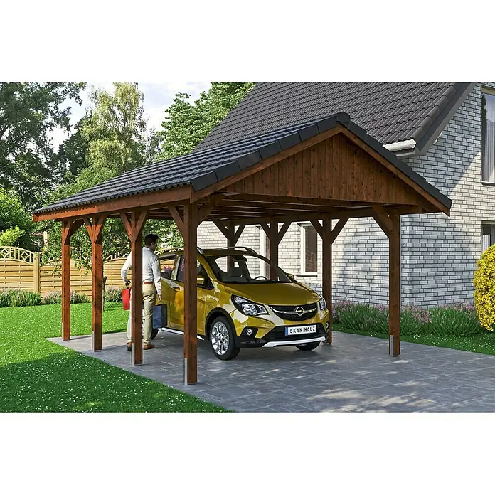 Skan Holz Carport Wallgau - L x B: 600 x 380 cm, Einfahrtshöhe: 215 cm, Nussbaum - Anwendungsbeispiel