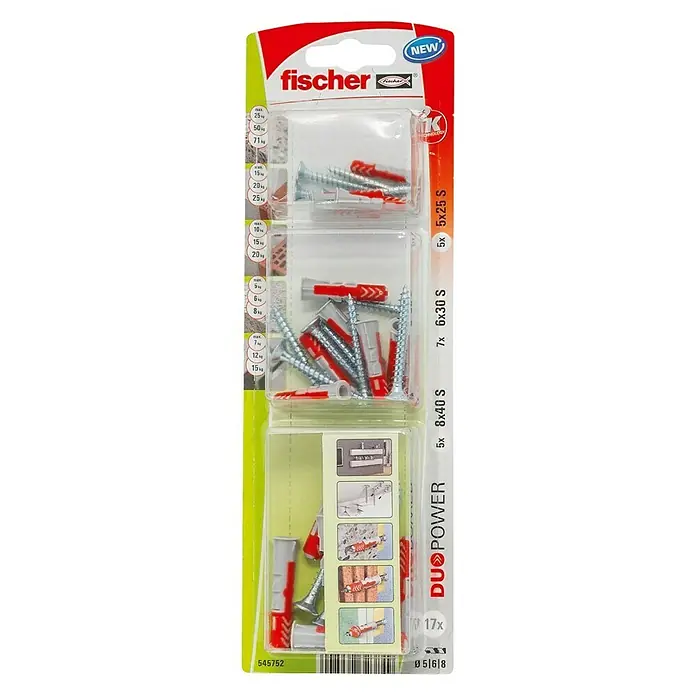 Fischer Duopower Surtido de tacos y tornillos 545752 - Diámetro taco: 5 mm, Longitud taco: 25 mm, 17 uds., Con borde, Apto para: Placas de yeso laminado - Vista descendente