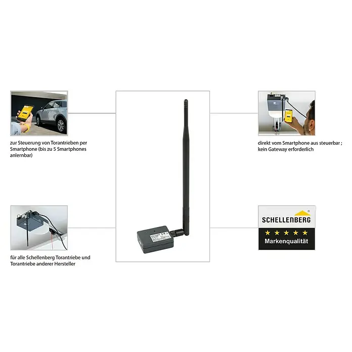 Schellenberg Smartphone-Garagentoröffner mit LED - Passend für: Schellenberg Garagen- und Außentorantriebe, Hörmann Garagentorantriebe Ecostar Liftronic 500/700/800, Chamberlain Garagentorantriebe ML510EV/ML700EV/ML1000EV, Interne Stromversorgung