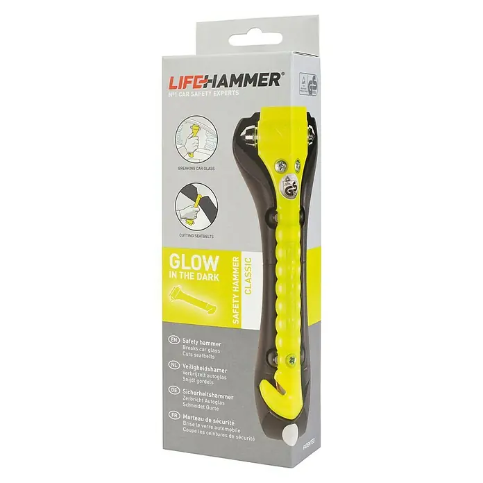 Lifehammer Veiligheidshamer Original glow in the dark Geel - Speciaal staal - Diagonaal zicht