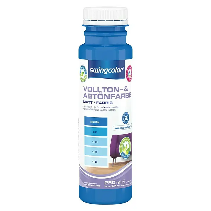 swingcolor Vollton- & Abtönfarbe - Aquablau, 250 ml, Matt, Konservierungsmittelfrei - Vorderansicht