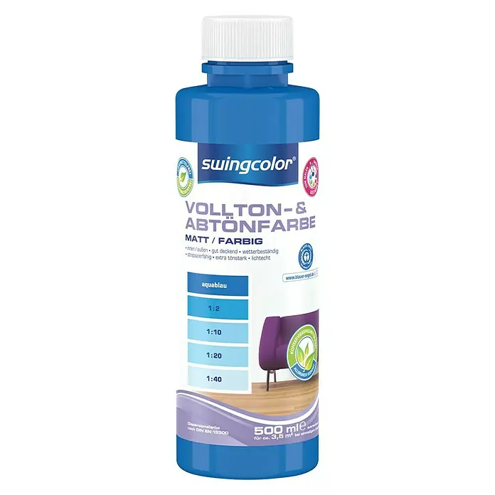 swingcolor Vollton- & Abtönfarbe - Aquablau, 500 ml, Matt, Konservierungsmittelfrei - Vorderansicht