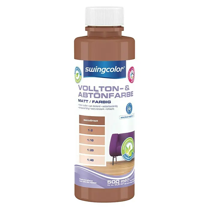 swingcolor Vollton- & Abtönfarbe - Moccabraun, 500 ml, Matt, Konservierungsmittelfrei - Vorderansicht