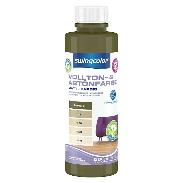 swingcolor Vollton- & Abtönfarbe - Umbragrün, 500 ml, Matt, Konservierungsmittelfrei - Vorderansicht