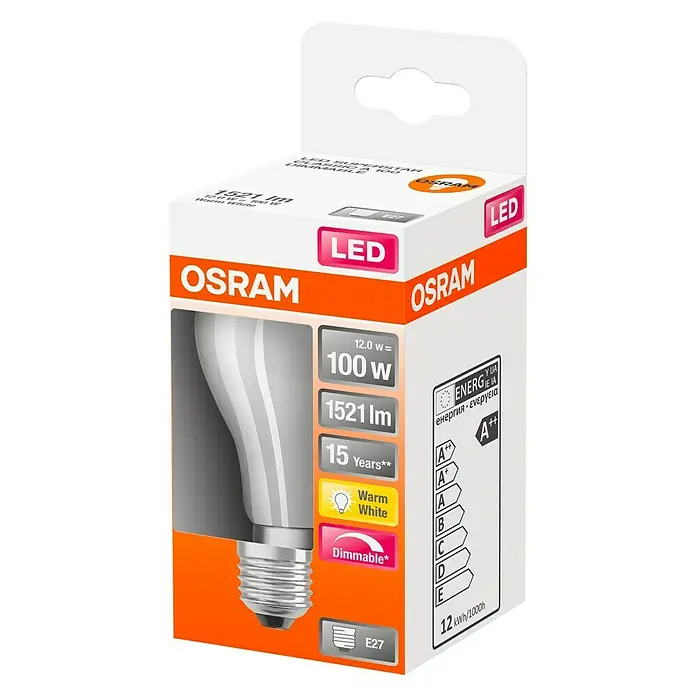 Osram Retrofit Ledlamp A 100 Dimmable - E27, 12 W, A70, 1.521 lm - Diagonaal zicht