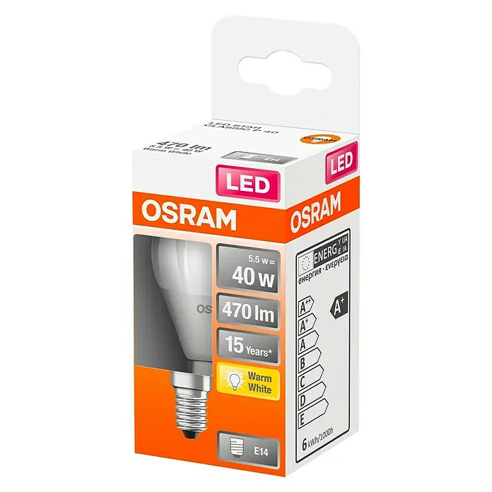Osram Star Ledlamp Classic P 40 - E14, 5,5 W, P45, 470 lm, Warm wit - Diagonaal zicht